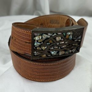 Vintage sterling 925 abalone belt buckle marlin Tony Lama lizard Mexico size 38